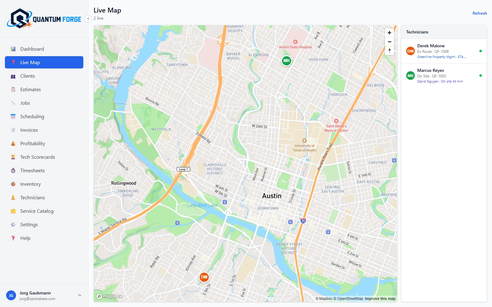 A live map of Austin with two technician markers, one en route and one on site, listed with their job numbers and customers