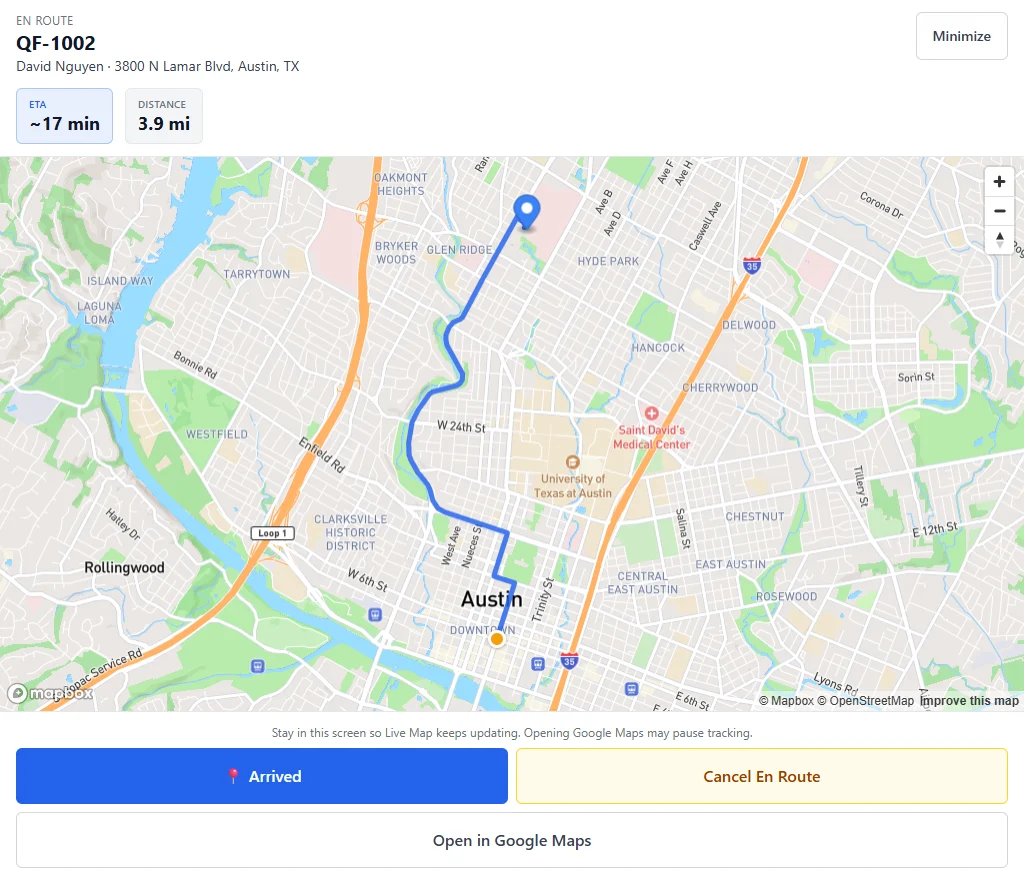 In-app turn-by-turn navigation showing a driving route across Austin with a 17 minute ETA and 3.9 mile distance
