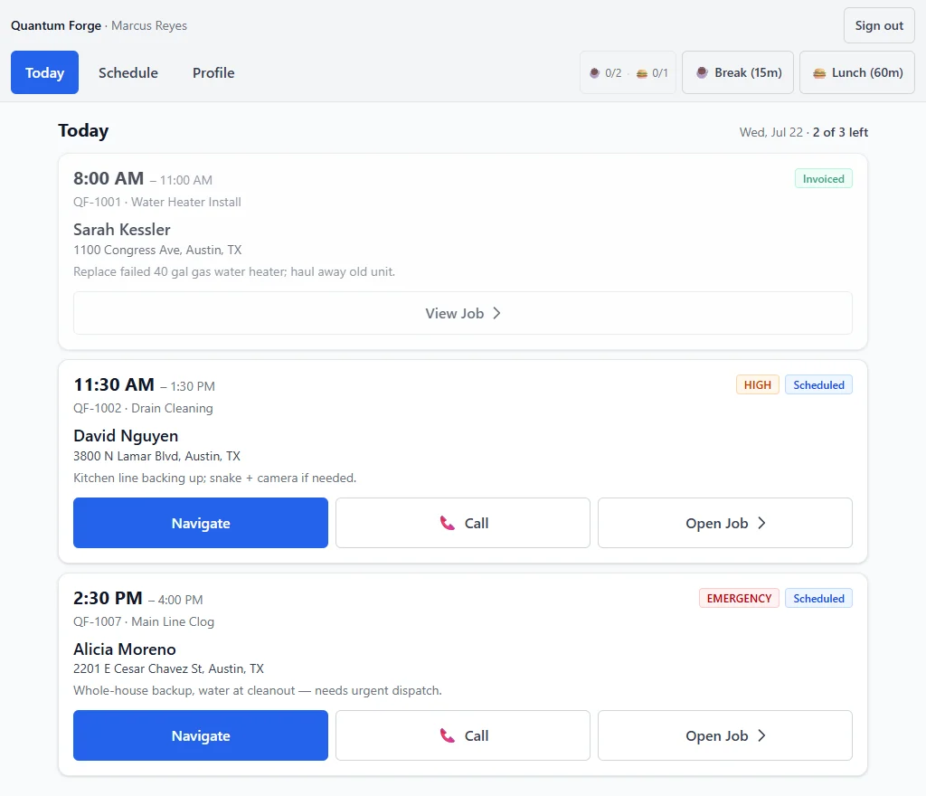The tech tablet's Today screen listing three jobs with times, customers, addresses, and Navigate, Call, and Open Job buttons