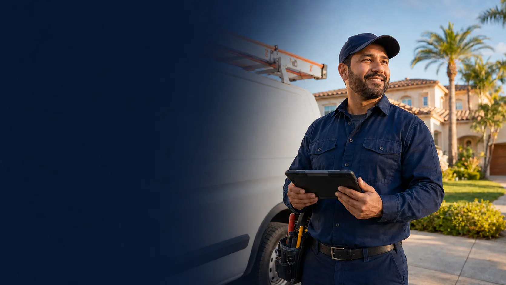 Service technician with a tablet standing beside his work van outside a customer's home